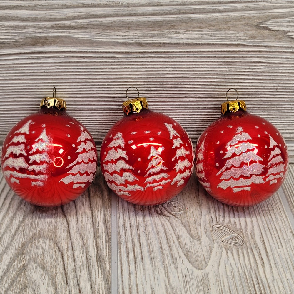 3‎ Red Glass Christmas Tree Ornaments Tree Snow Glitter Winter Holiday Decor Vtg